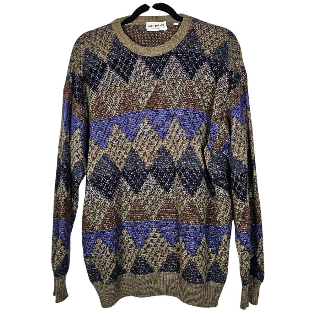 Idea Uomo Sweater Mens L 52 VTG Knit Geometric Wool Blend Made Italy Grandpa Dad